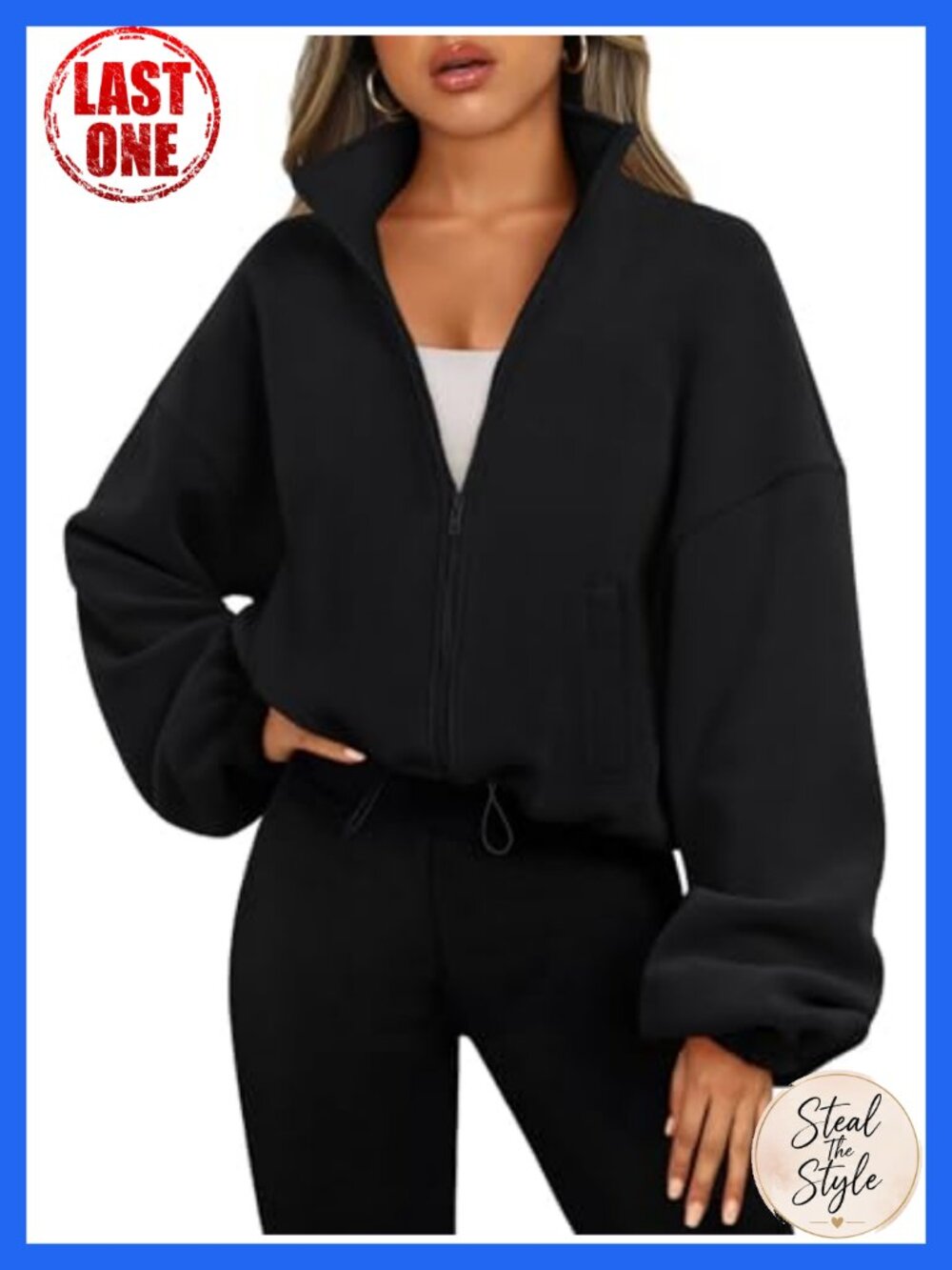 Womens Full Zip Oversized Cropped Fleece Jacket Long Sleeve Sweatshirt